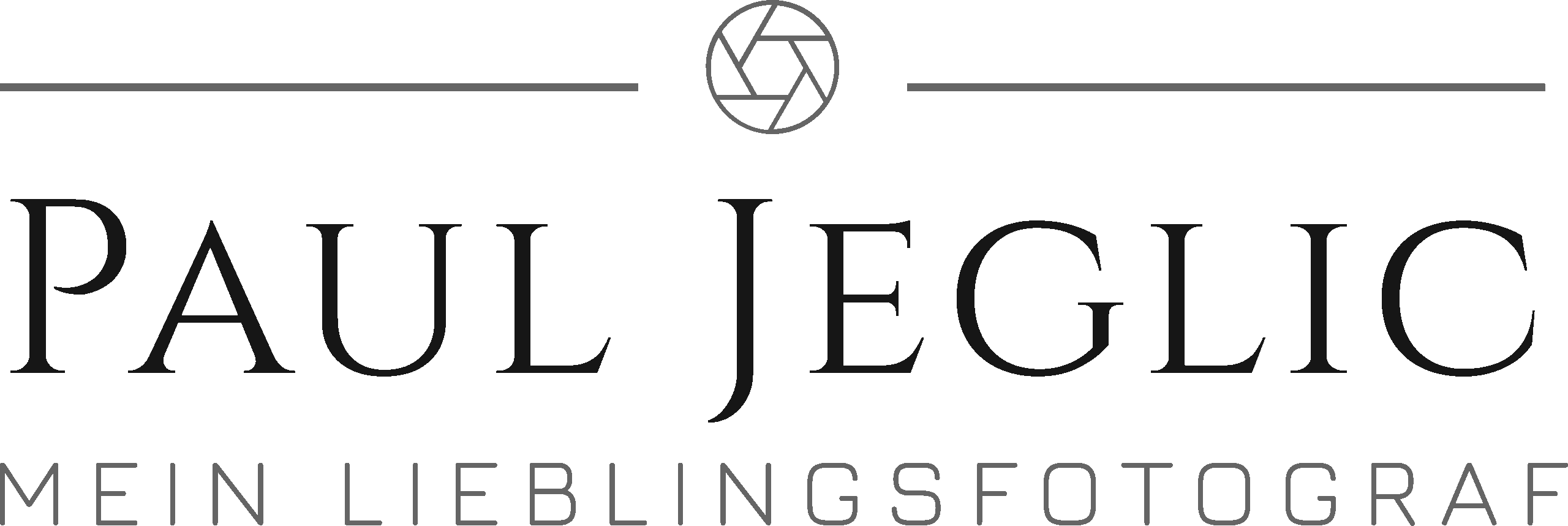 Professionelles Logo für den Kärntner Hochzeitsfotografen Paul Jeglic mit Kameraauslöser-Symbol, fettgedrucktem Namen und dem Slogan "MEIN LIEBLINGSFOTOGRAF". Hochzeitsfotograf Kärnten